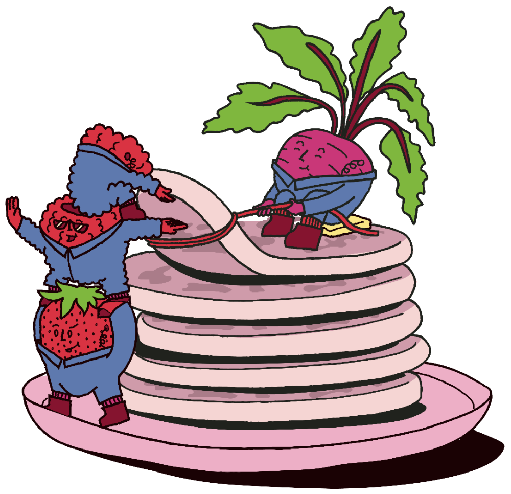 Strawberry, raspberry and beet bandits mid-caper on a stack of Berry Bandits pancakes