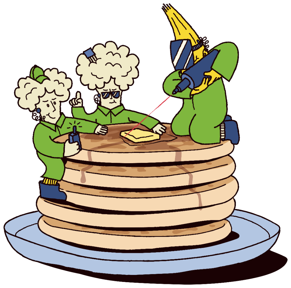 Cauliflower agents running an operation on a stack of Buttermilk Blast pancakes