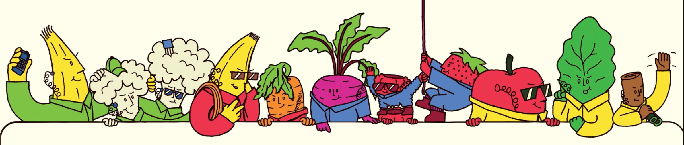 The Sneakies squad, fruit and veggie characters peeking over a ledge