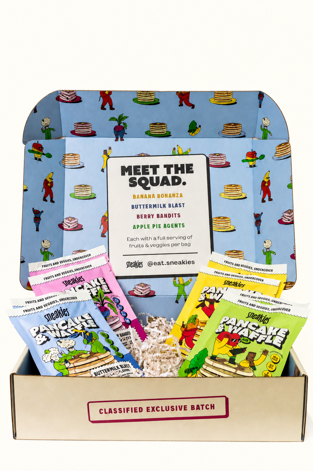 An open Sneakies 8-pack box with the four flavours inside
