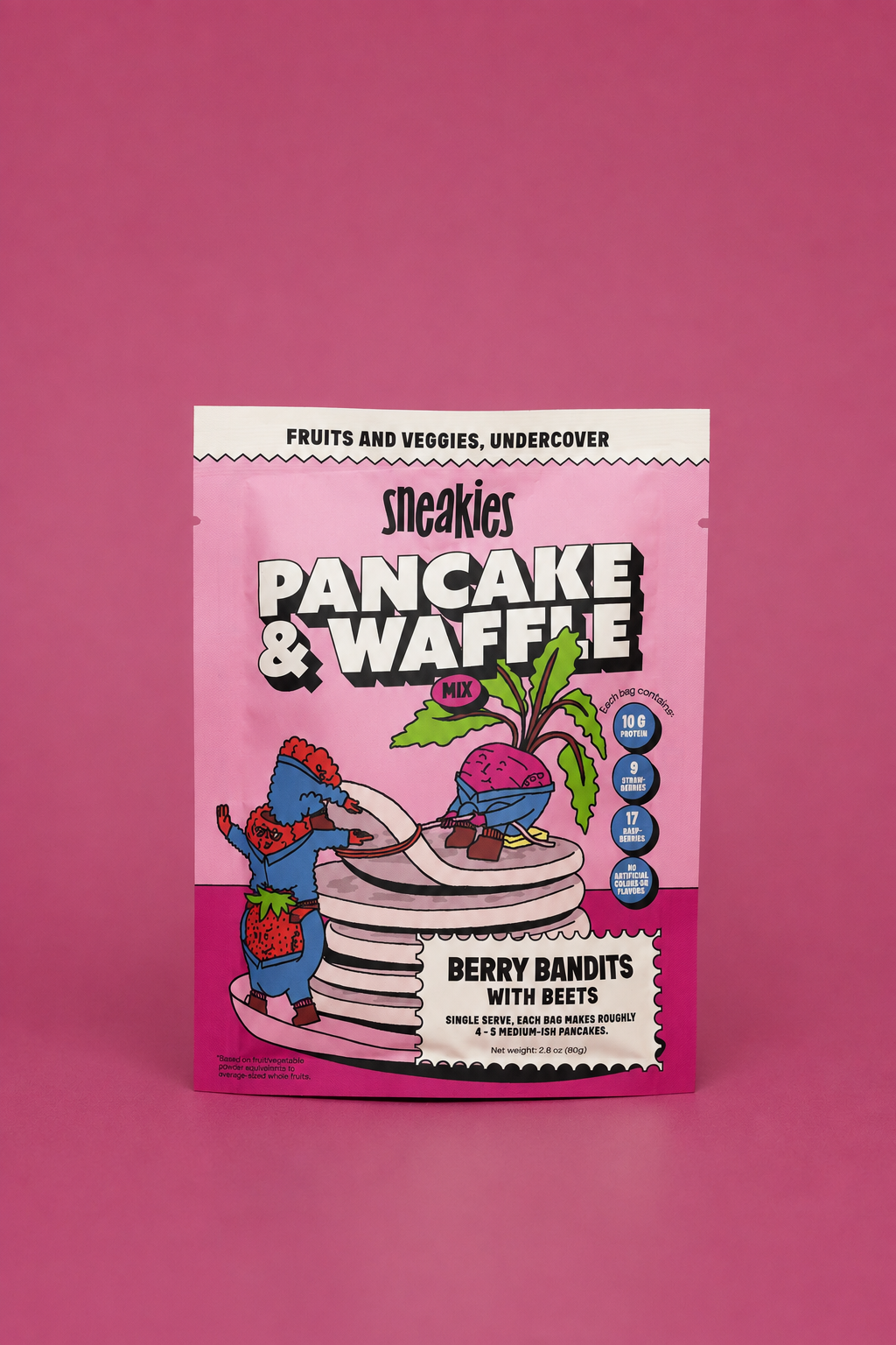 A sealed single-serve Berry Bandits pancake and waffle mix bag
