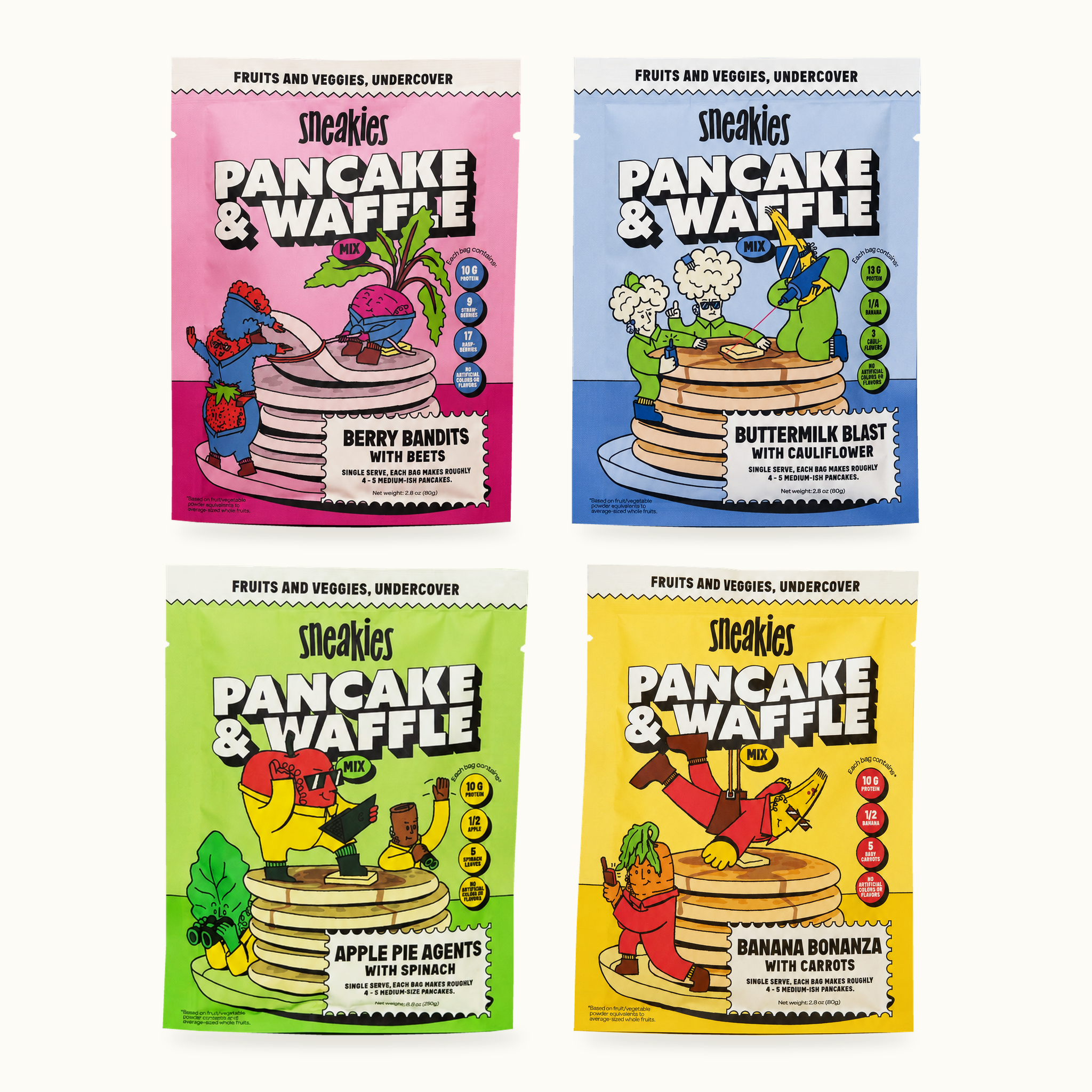 The four Sneakies single-serve pancake and waffle mix flavours together