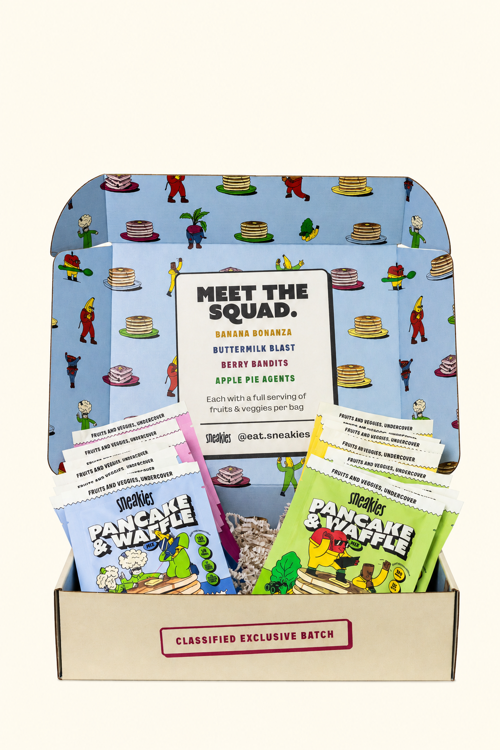 An open Sneakies 16-pack box on a clean table, all four flavours inside
