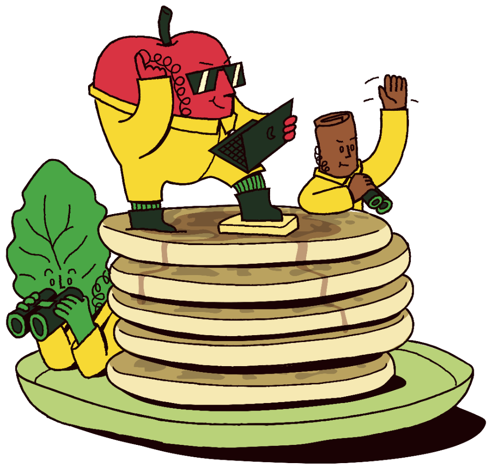 Apple, spinach and cinnamon agents on lookout atop a stack of Apple Pie Agents pancakes