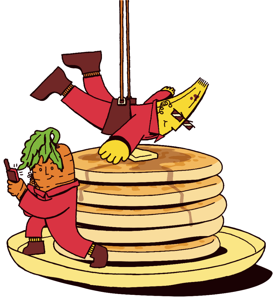 Banana and carrot agents pulling a heist on a stack of Banana Bonanza pancakes